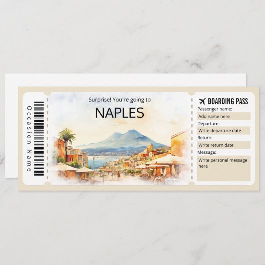 編集可能ナポリ飛行機チケットイタリアボーディングパス 招待状 (正面/裏面)