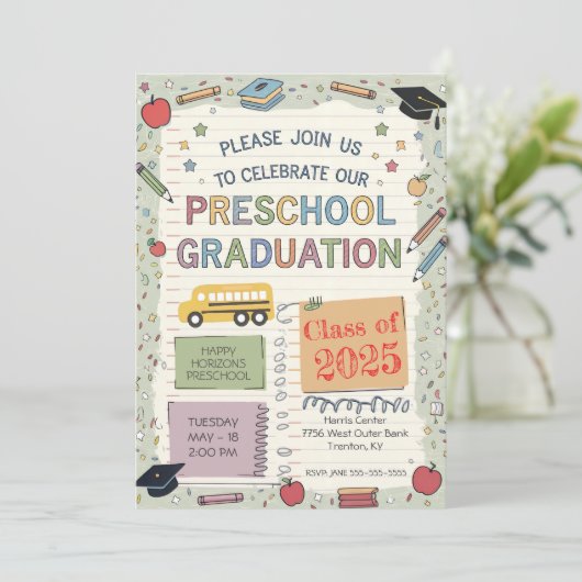 編集可能ノートスクールバスプリスクール卒業 招待状 (スタンド正面)