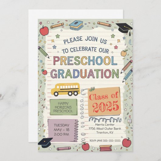 編集可能ノートスクールバスプリスクール卒業 招待状 (正面/裏面)