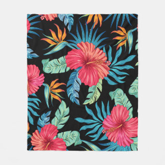 編集可能ハイビスカス、ヴィンテージフローラルパターン フリースブランケット