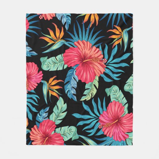 編集可能ハイビスカス、ヴィンテージフローラルパターン フリースブランケット (正面)