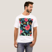 編集可能ハイビスカス、ヴィンテージフローラルパターン Tシャツ (正面フル)