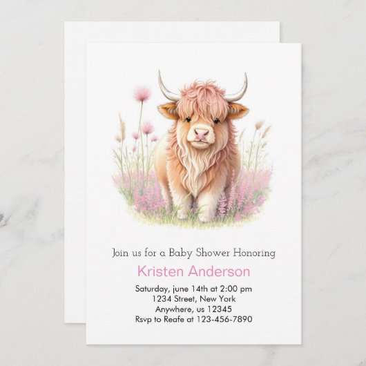 編集可能ハイランドカウガールベビーシャワー 招待状 (正面/裏面)
