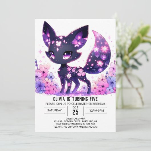 編集可能ハッピーキツネデジタル誕生日 招待状 (スタンド正面)