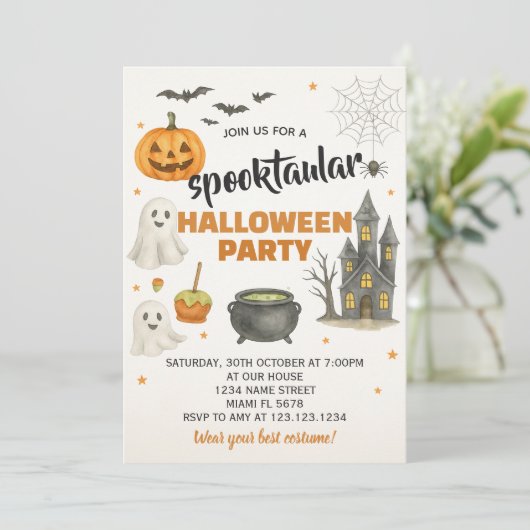 編集可能ハロウィーンブロックパーティー招待状 招待状 (スタンド正面)