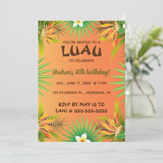 編集可能ハワイアンルアウ（ハワイ式宴会）誕生日招待状 招待状 (スタンド正面)