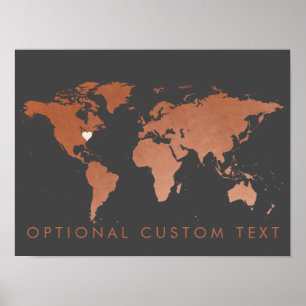 編集可能ハート付き銅ワールドマップデコール ポスター