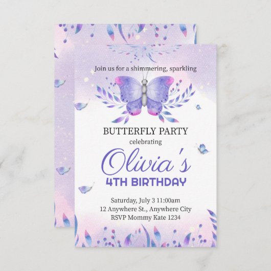 編集可能バタフライ誕生日招待状、バタフライ 招待状 (正面/裏面)