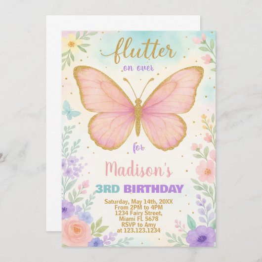 編集可能バタフライ誕生日招待状 招待状 (正面/裏面)