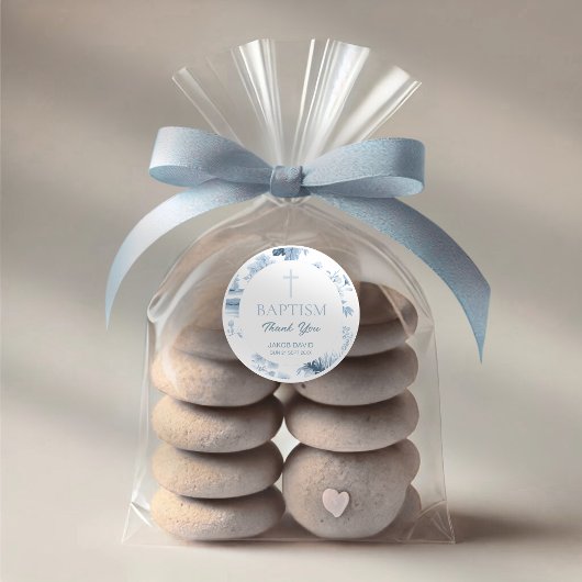 編集可能バプテスステッカー – ブルーヴィンテージトイル ラウンドシール