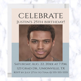 編集可能バラとシーブルーフォト誕生日 招待状