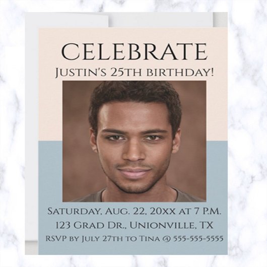 編集可能バラとシーブルーフォト誕生日 招待状