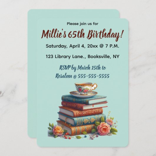 編集可能バラブックスティーカップ誕生日 招待状 (正面/裏面)