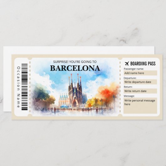 編集可能バルセロナスペイン飛行機搭乗パス 招待状 (正面/裏面)