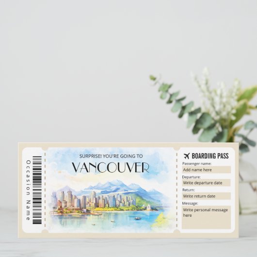 編集可能バンクーバーカナダ飛行機搭乗券 招待状 (スタンド正面)