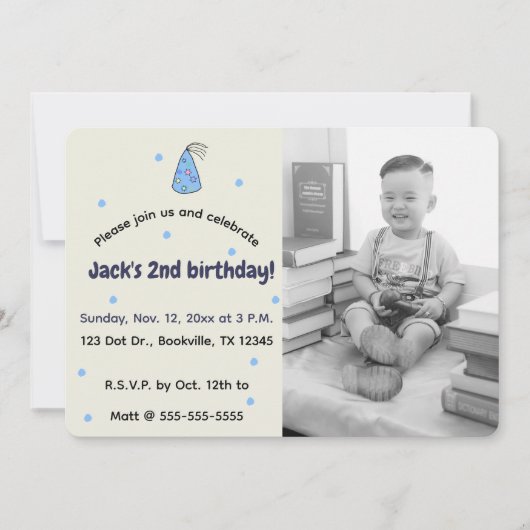 編集可能パステルドットとパーティーハットフォト誕生日 招待状 (正面)