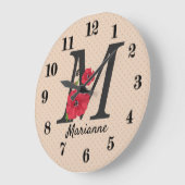 編集可能パーソナライズされたなモノグラムM文字紅花 ラージ壁時計 (傾斜)