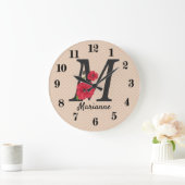 編集可能パーソナライズされたなモノグラムM文字紅花 ラージ壁時計 (ホーム)