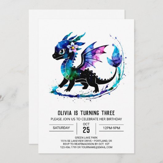 編集可能パープルドラゴンデジタルガール誕生日 招待状 (正面/裏面)