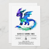 編集可能パープルドラゴンデジタルボーイ誕生日 招待状 (正面/裏面)