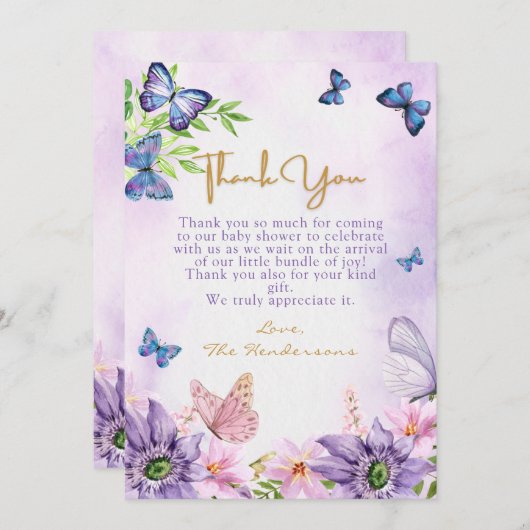 編集可能パープルバタフライガールベビーシャワー サンキューカード (正面/裏面)