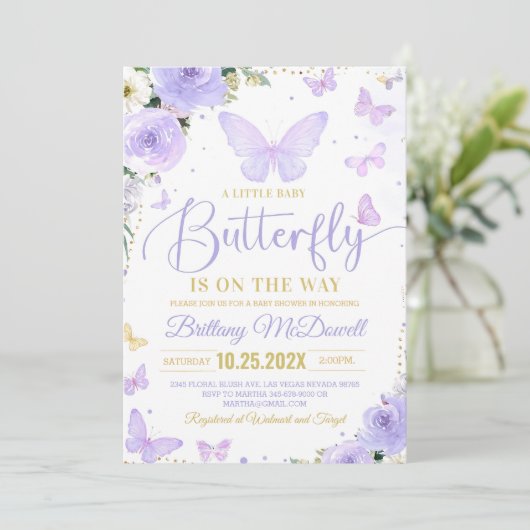 編集可能パープルバタフライベビーシャワー招待状 招待状 (スタンド正面)
