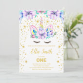 編集可能パープルフローラユニコーン誕生日 招待状 (スタンド正面)
