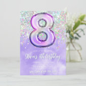 編集可能パープル8番目の誕生日招待状グリッター8 招待状 (スタンド正面)