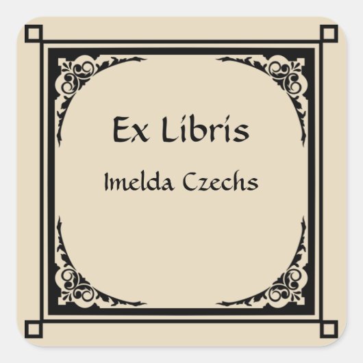 編集可能ビクトリアン雨滴コーナー蔵書票 スクエアシール (正面)