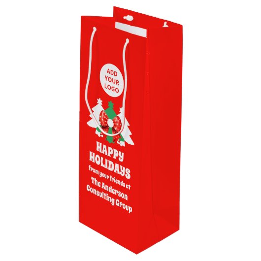 編集可能ビジネスロゴのハッピーホリデー企業の ワインギフトバッグ (正面アングル)
