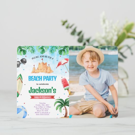 編集可能ビーチ誕生日フォト招待状 招待状 (スタンド正面)