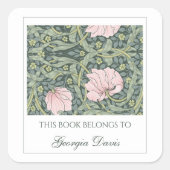 編集可能ピンクの花と葉蔵書票 スクエアシール (正面)