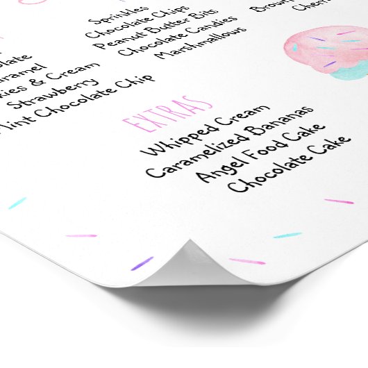 編集可能ピンクアイスクリームサンデ誕生日標識 ポスター (角)