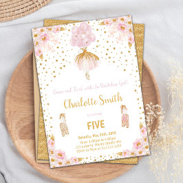 編集可能ピンクグリッターバレリーナ誕生日 招待状