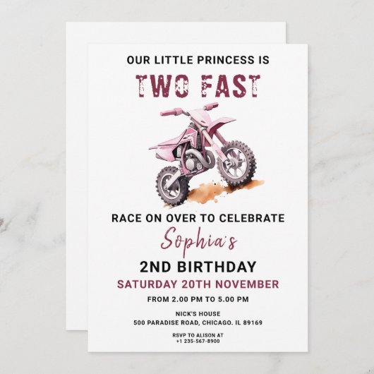 編集可能ピンクダートバイク2nd誕生日招待状 招待状 (正面/裏面)