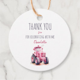 編集可能ピンクトラクター誕生日円メッセージカード フェイバータグ