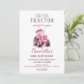 編集可能ピンクトラクター誕生日招待状 招待状 (スタンド正面)