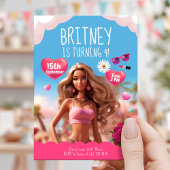 編集可能ピンクドールテーマ誕生日 招待状