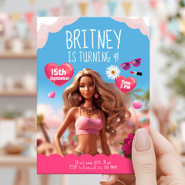 編集可能ピンクドールテーマ誕生日 招待状