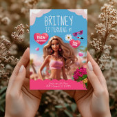 編集可能ピンクドールテーマ誕生日 招待状