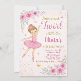 編集可能ピンクバレリーナパーティー招待状テンプレート 招待状