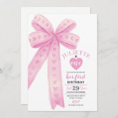 編集可能ピンクボウファースト女子誕生日招待状 招待状 (正面/裏面)