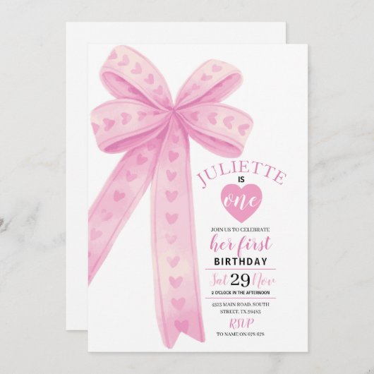 編集可能ピンクボウファースト女子誕生日招待状 招待状 (正面/裏面)