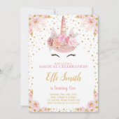 編集可能ピンクユニコーン誕生日 招待状 (正面)
