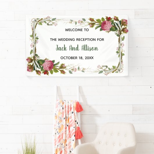 編集可能ピンクローズミニマリストフローラグリーンリーフ 横断幕 (インサイチュ)