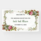 編集可能ピンクローズミニマリストフローラグリーンリーフ 横断幕 (横)