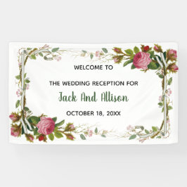 編集可能ピンクローズミニマリストフローラグリーンリーフ 横断幕