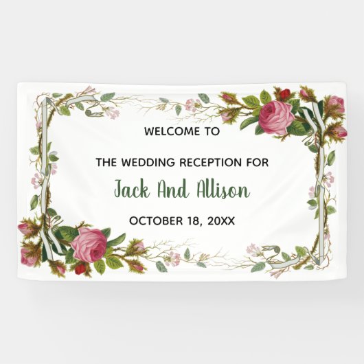 編集可能ピンクローズミニマリストフローラグリーンリーフ 横断幕 (横)