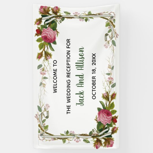 編集可能ピンクローズミニマリストフローラグリーンリーフ 横断幕 (縦)