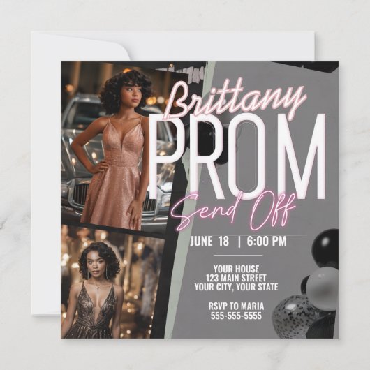 編集可能ピンク壮大なプロム送信2枚の写真 招待状 (正面)